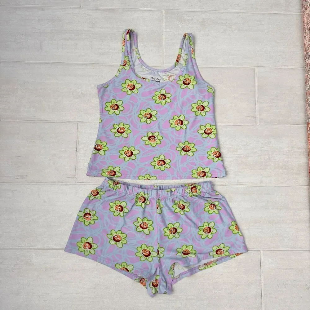 Rick and Morty Matching PJ Set Cami Tank Shorts Adult Swim Purple Green Medium